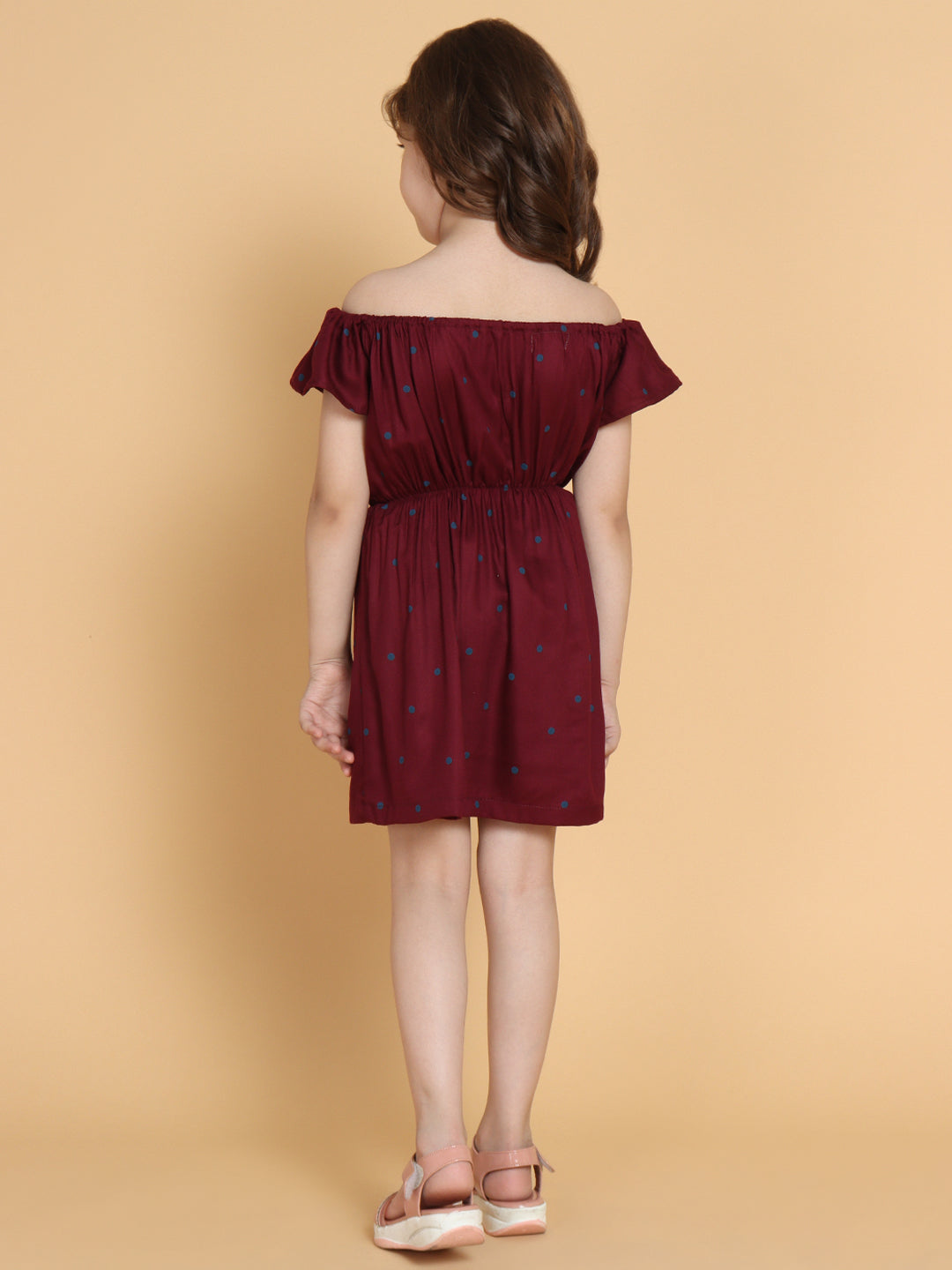 Piccolo - Maroon with Blue Dots Off Shoulder Dress