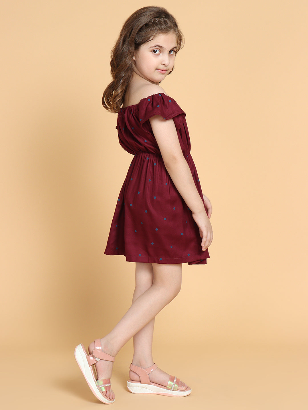 Piccolo - Maroon with Blue Dots Off Shoulder Dress