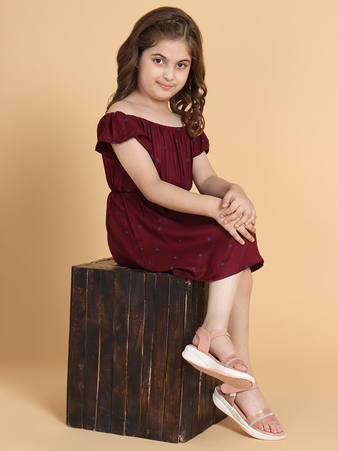 Piccolo - Maroon with Blue Dots Off Shoulder Dress