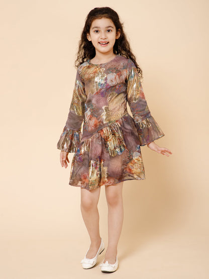 Piccolo-Assymetric Waist, Flounced sleeve Dress-Multi