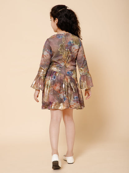 Piccolo-Assymetric Waist, Flounced sleeve Dress-Multi