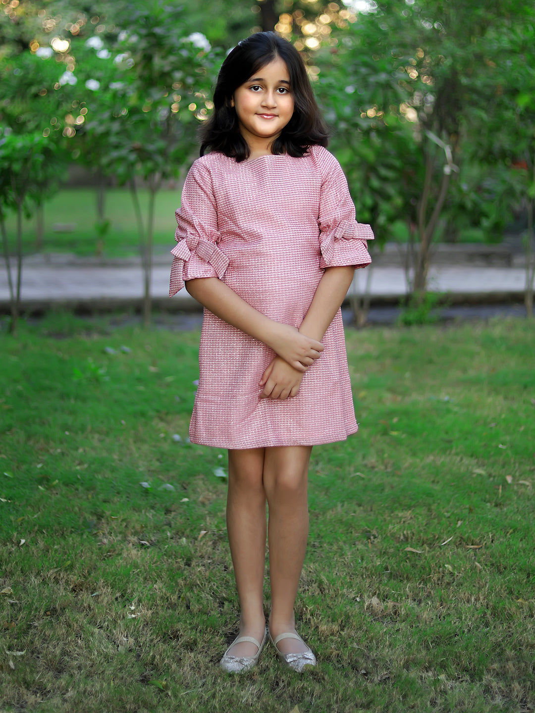 Glitter Dress with Bow Detail on Sleeves-Pink