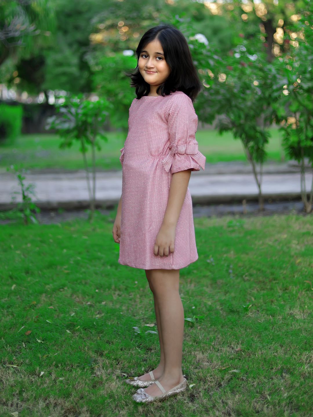 Glitter Dress with Bow Detail on Sleeves-Pink