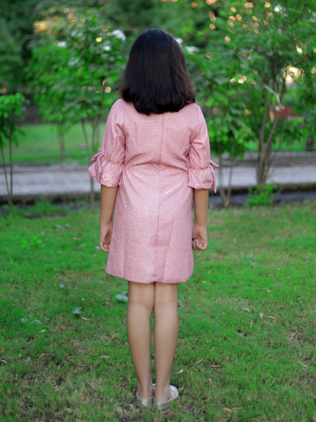 Glitter Dress with Bow Detail on Sleeves-Pink