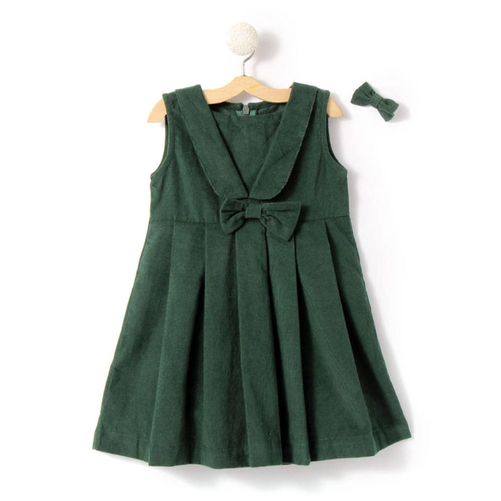 Green Plated Dress with Cute Attached Bow
