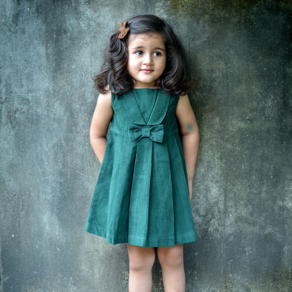 Green Plated Dress with Cute Attached Bow