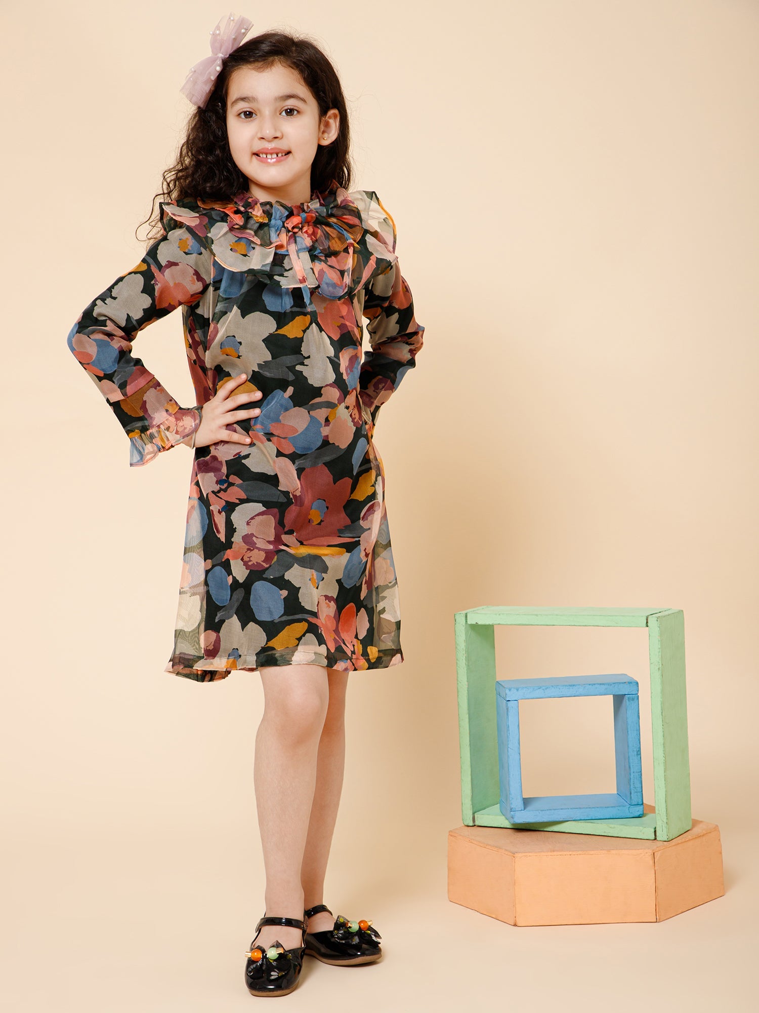 Ruffle Details High Neck Organza Dress Multi