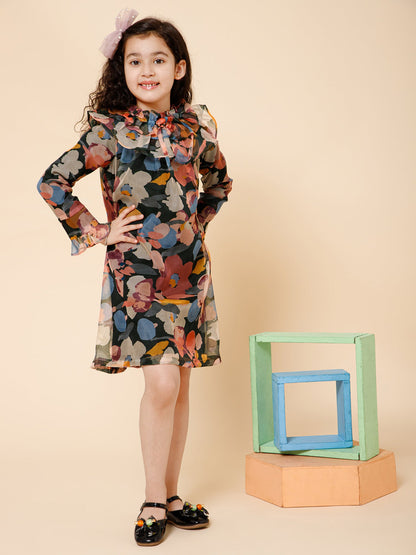 Ruffle Details High Neck Organza Dress Multi