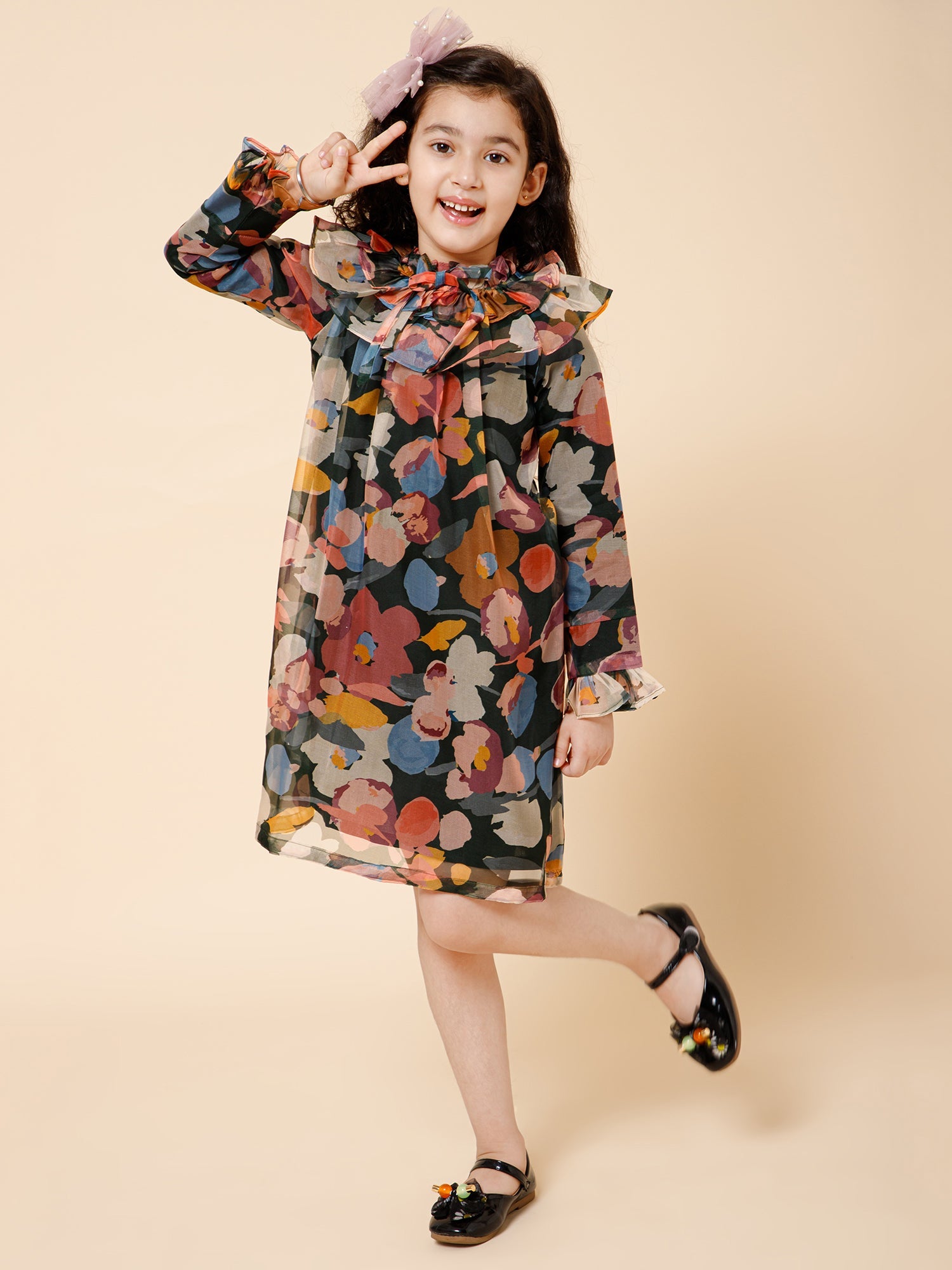Ruffle Details High Neck Organza Dress Multi
