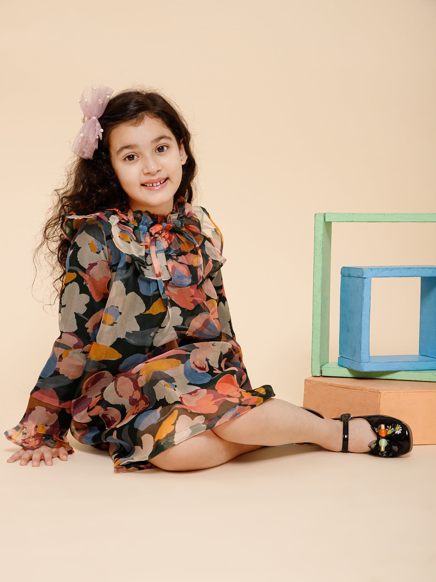 Ruffle Details High Neck Organza Dress Multi