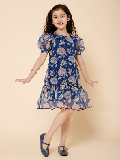 Piccolo-Floral Dres With Gather Details-Blue