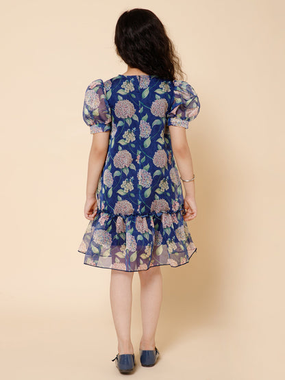 Girls Floral Printed Round Neck Puff Sleeve Gathered Tiered A-Line Dress