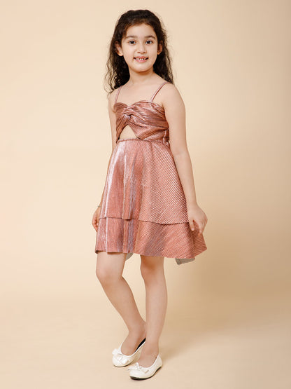 Piccolo-Twisted Front Detail, Waist Hollow Out Pleated Dress-Pink