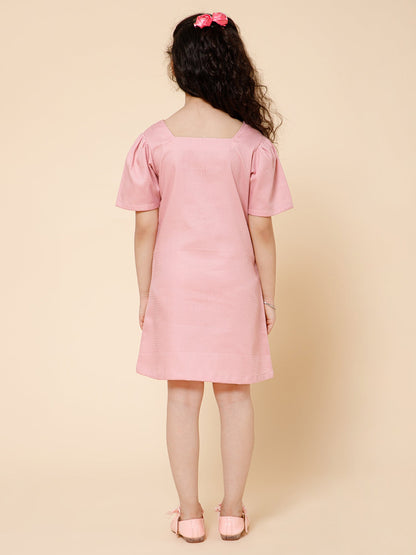 Piccolo-Square Neck Dress With Flower Detailing-Pink