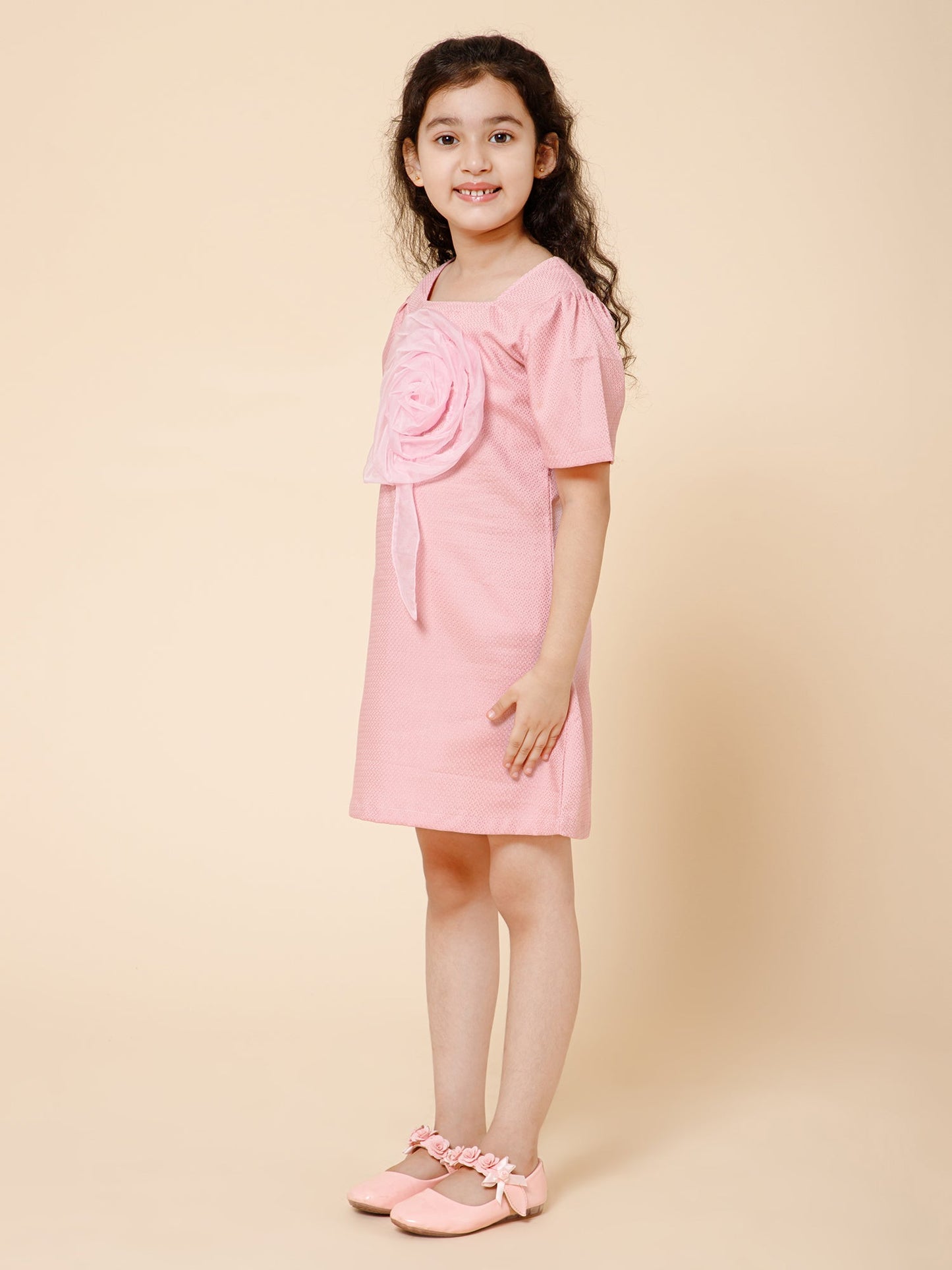 Piccolo-Square Neck Dress With Flower Detailing-Pink