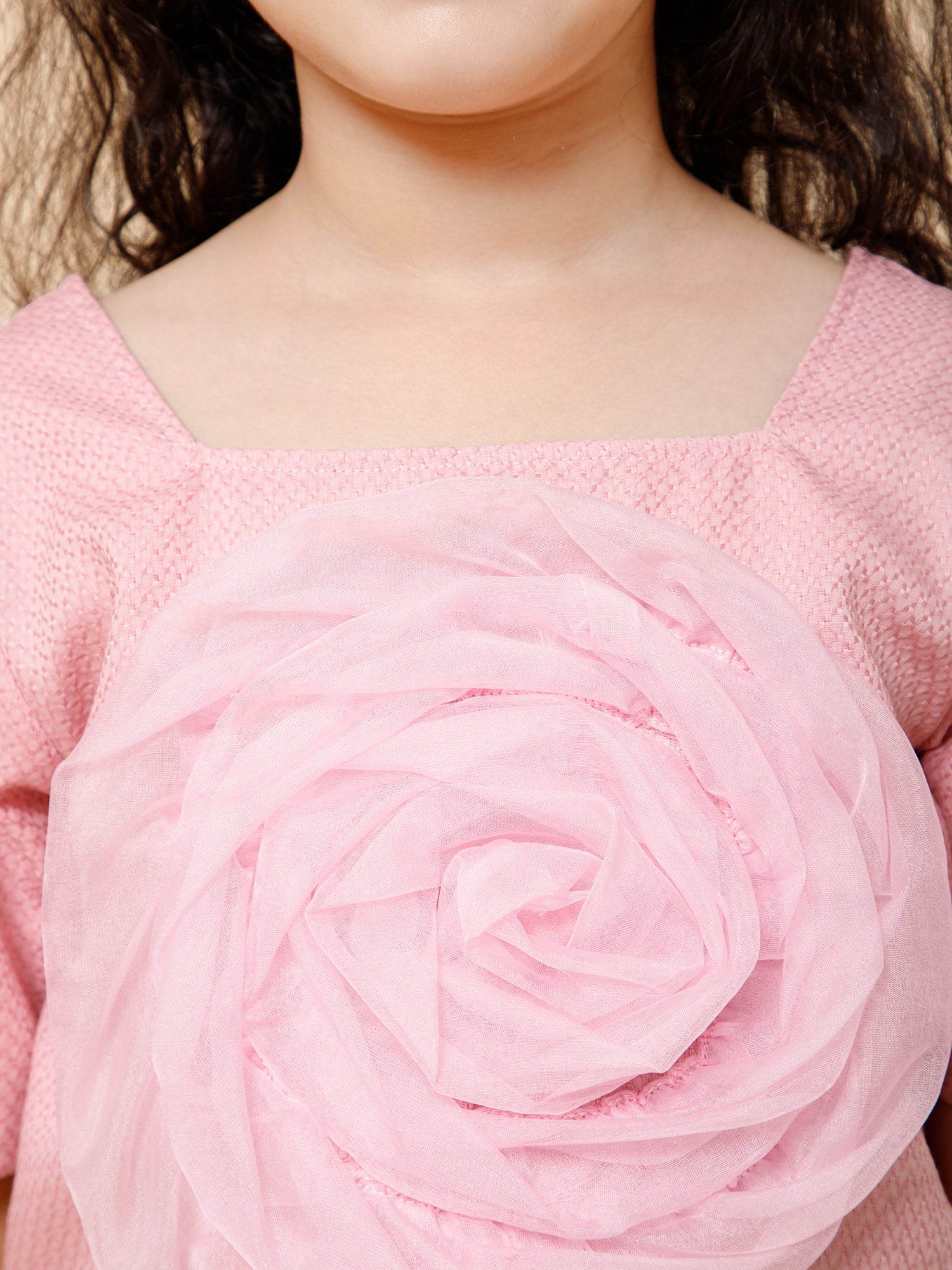 Piccolo-Square Neck Dress With Flower Detailing-Pink