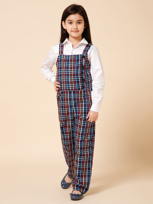 Girls Checked Pure Cotton Dungree With Shirt