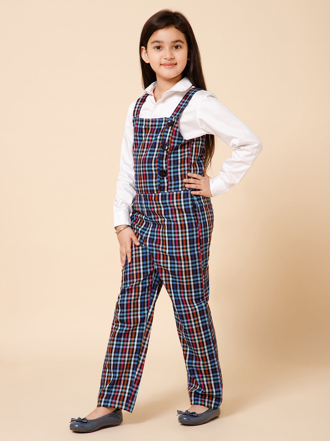 Girls Checked Pure Cotton Dungree With Shirt