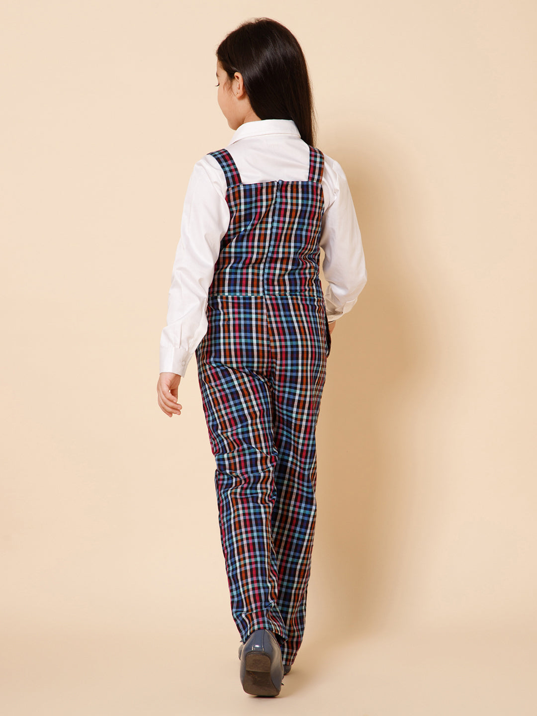 Girls Checked Pure Cotton Dungree With Shirt