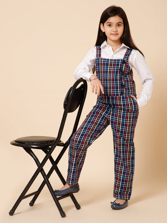 Girls Checked Pure Cotton Dungree With Shirt