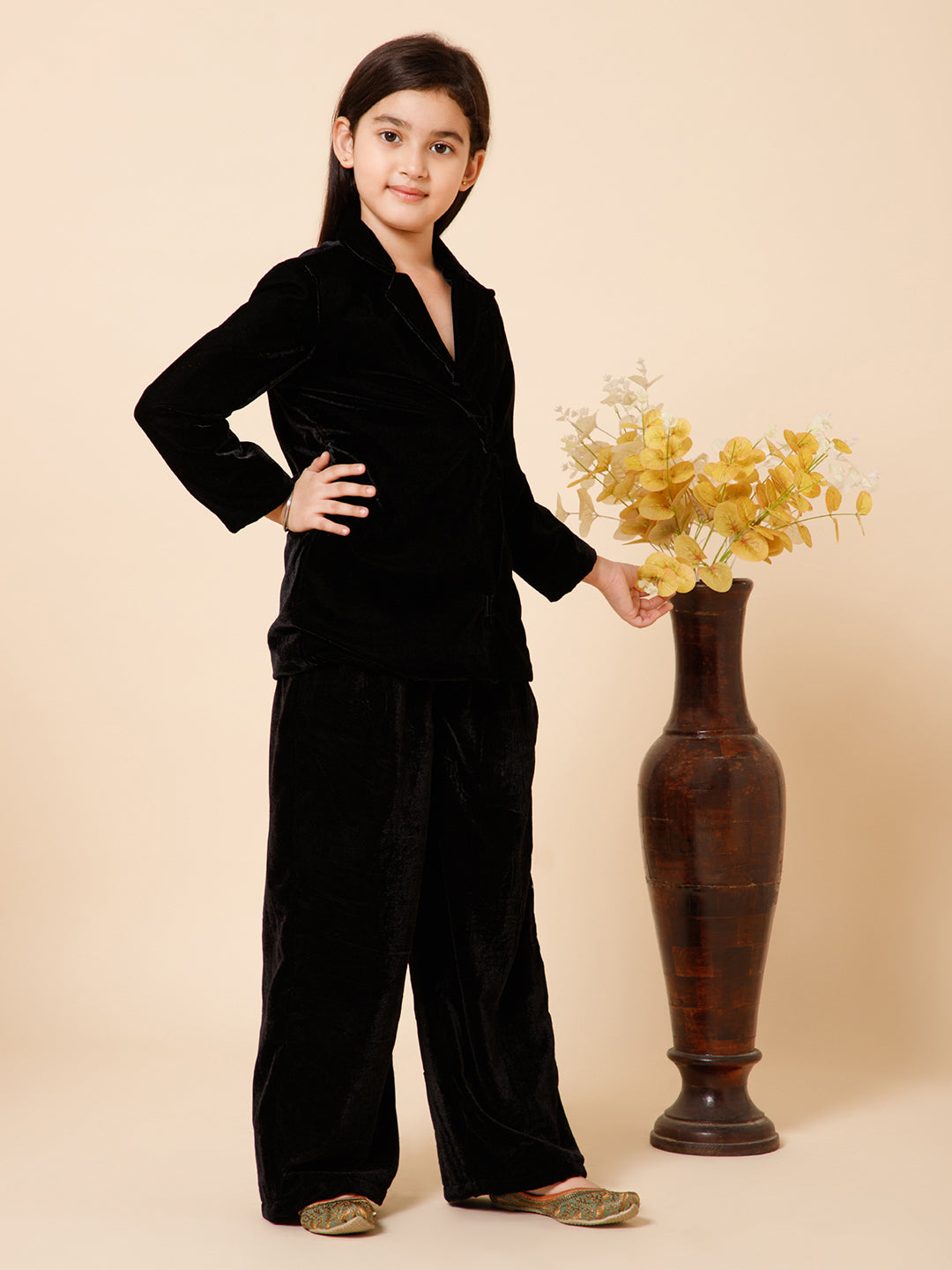 Girls Black Velvet Notched Lapel Collared Blazer And Trouser Co-Ord Set