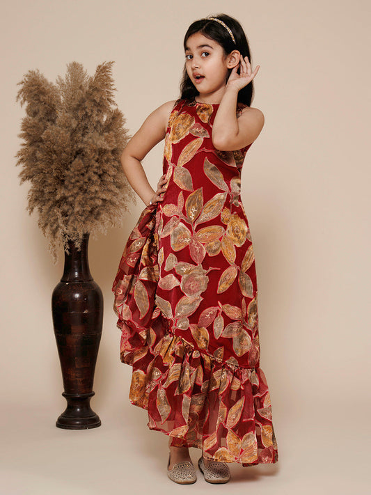 Ruffled Hem Asymmetric Long Gown-Maroon