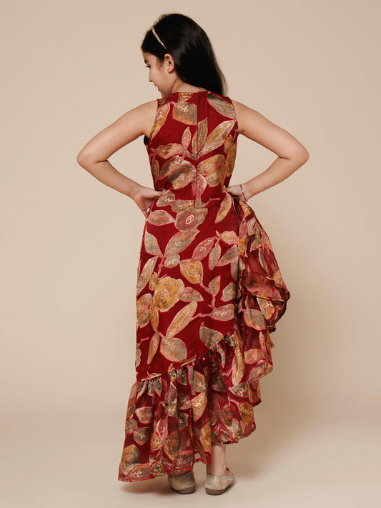 Ruffled Hem Asymmetric Long Gown-Maroon