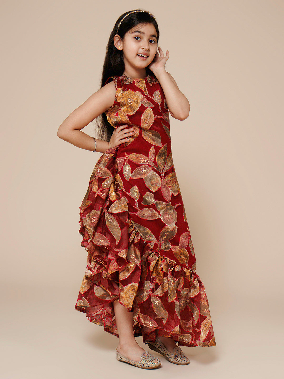 Ruffled Hem Asymmetric Long Gown-Maroon