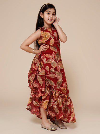 Ruffled Hem Asymmetric Long Gown-Maroon