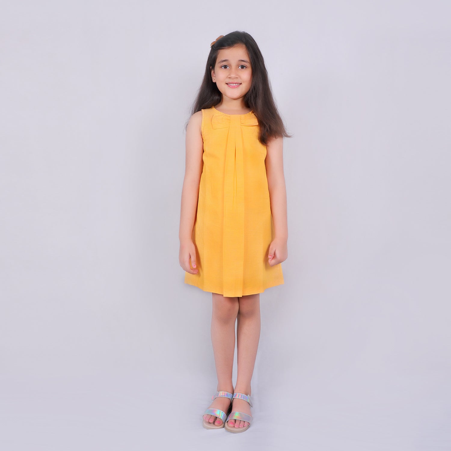 Girls Solid Yellow Cotton Dress With Front Bow