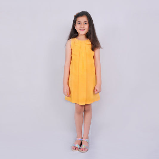 Girls Solid Yellow Cotton Dress With Front Bow