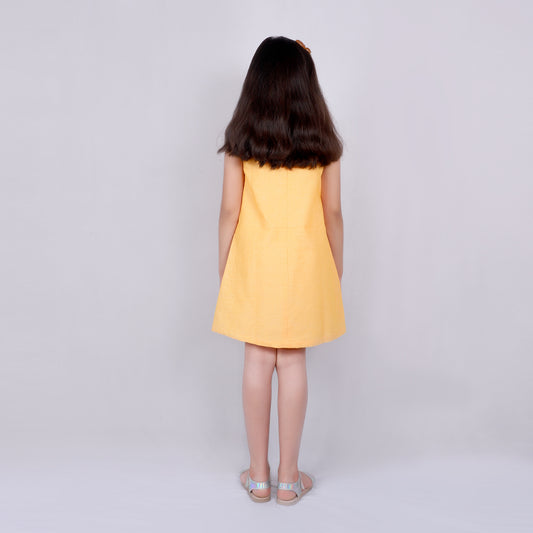 Girls Solid Yellow Cotton Dress With Front Bow