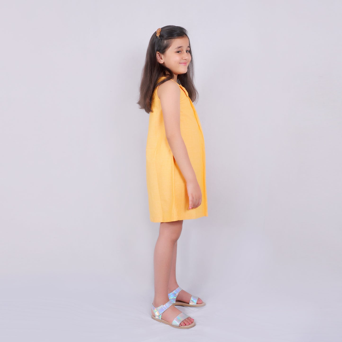 Girls Solid Yellow Cotton Dress With Front Bow