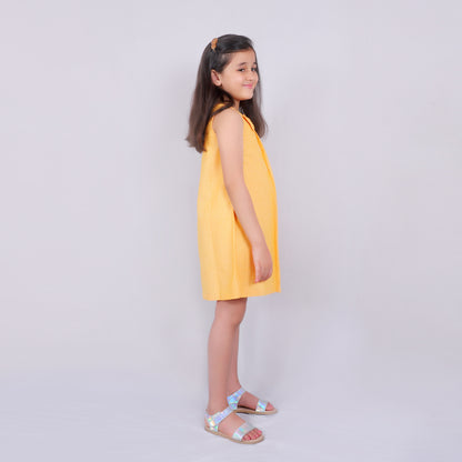Girls Solid Yellow Cotton Dress With Front Bow
