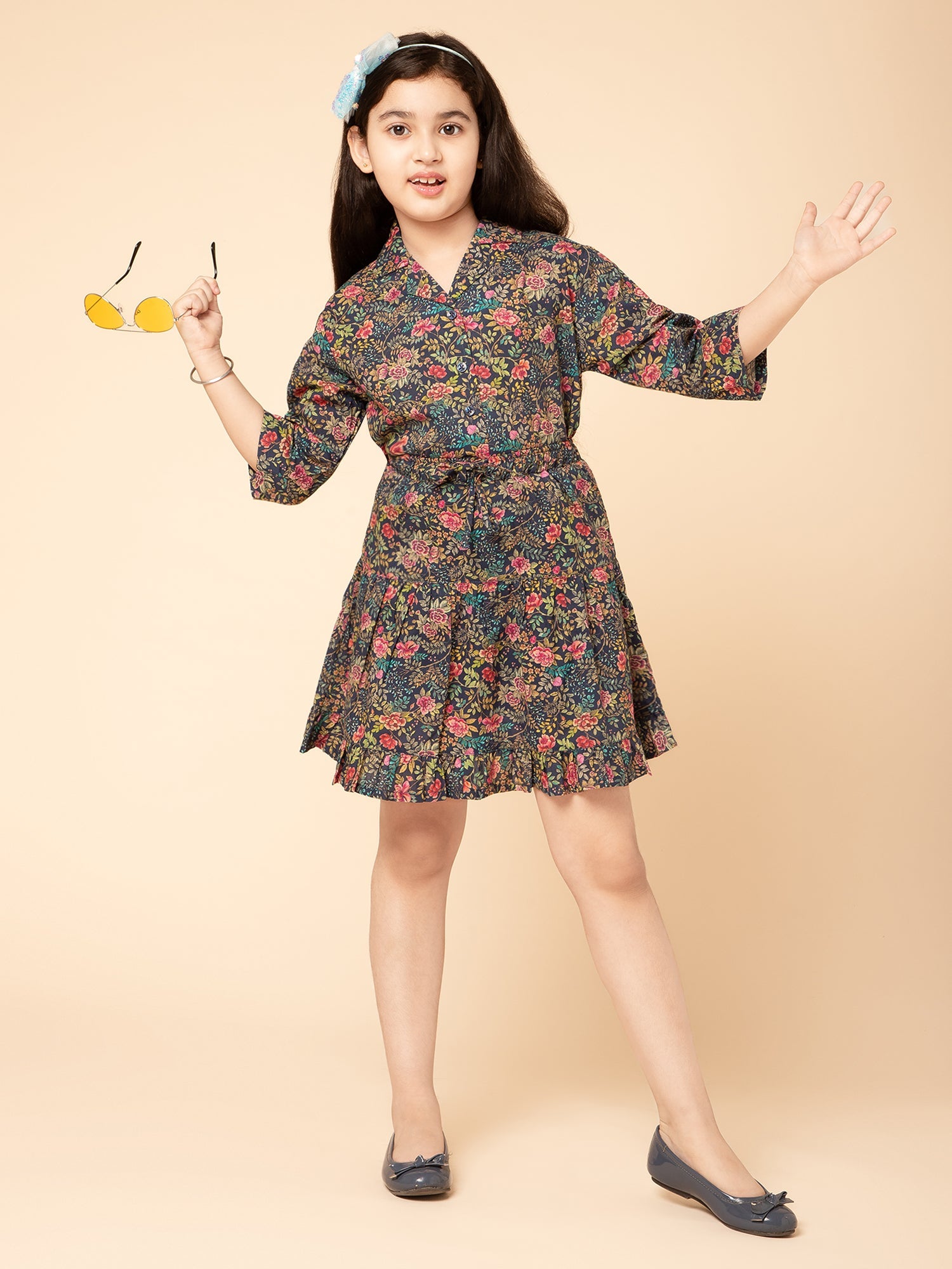 Girls Floral Printed Skirt and Shirt Blue Co-Ord Set