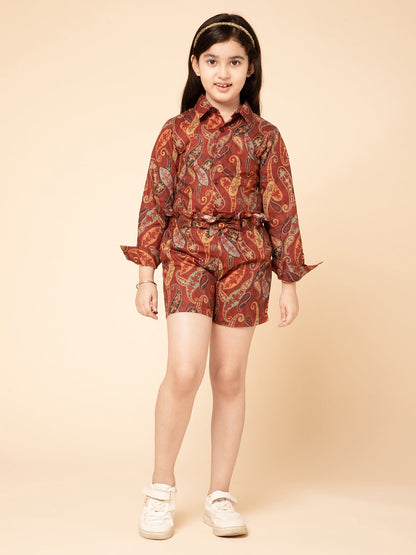 Girls Floral Brown Shorts and Shirt Co-Ord Set