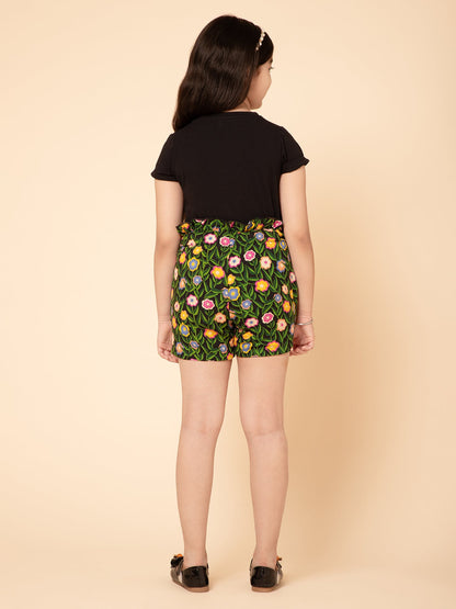 Floral Shorts and T-Shirt Black