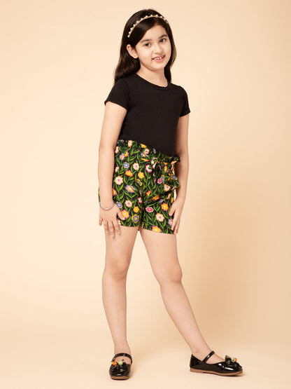 Floral Shorts and T-Shirt Black
