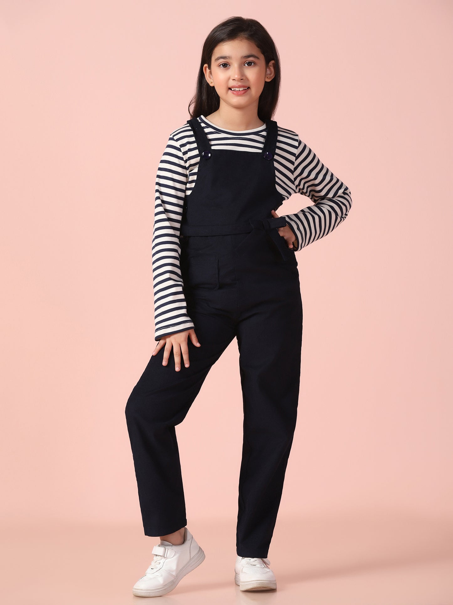 Navy Blue Corduroy Dungaree with Stripe T-Shirt
