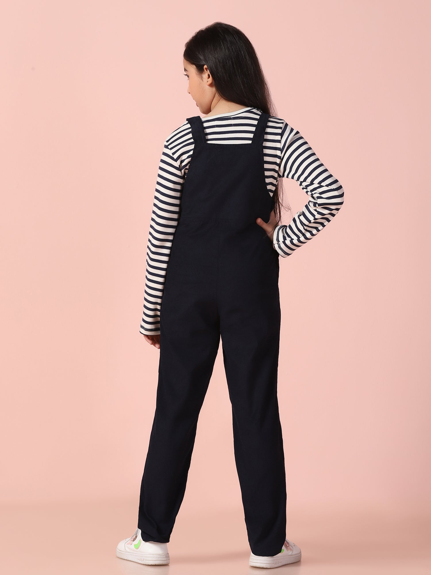 Navy Blue Corduroy Dungaree with Stripe T-Shirt