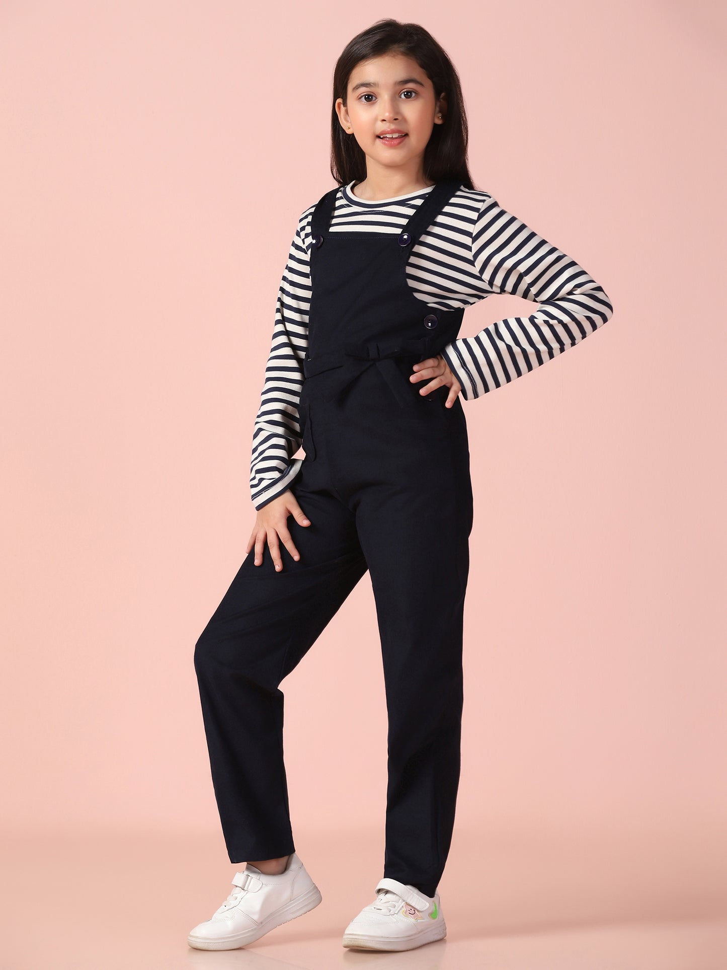 Navy Blue Corduroy Dungaree with Stripe T-Shirt