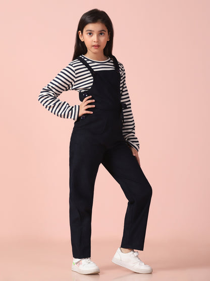 Navy Blue Corduroy Dungaree with Stripe T-Shirt