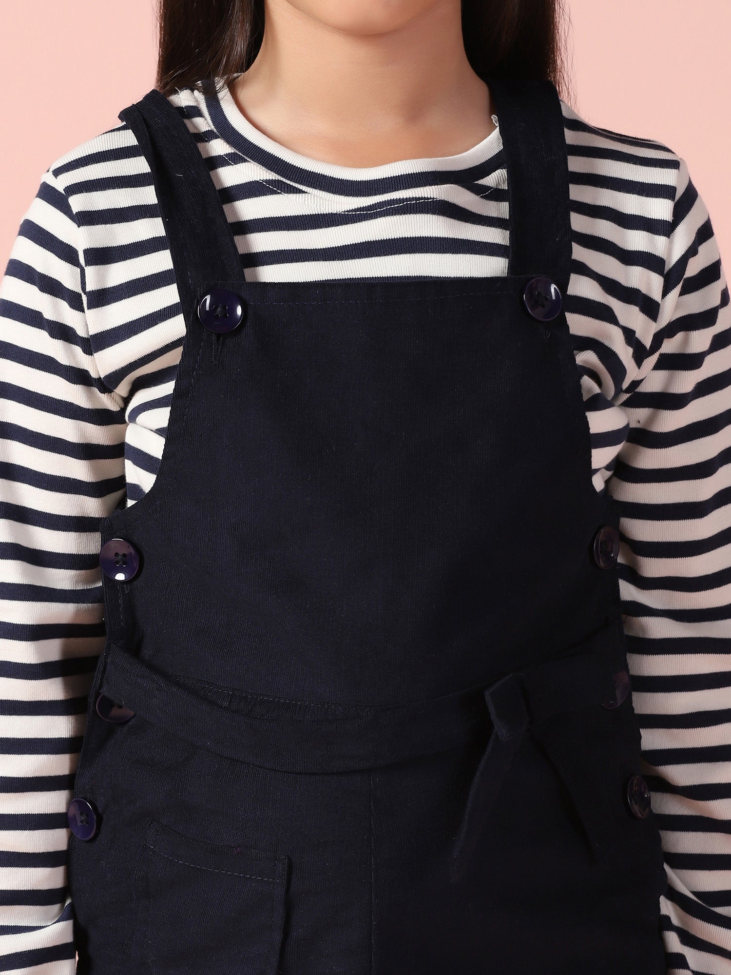 Navy Blue Corduroy Dungaree with Stripe T-Shirt