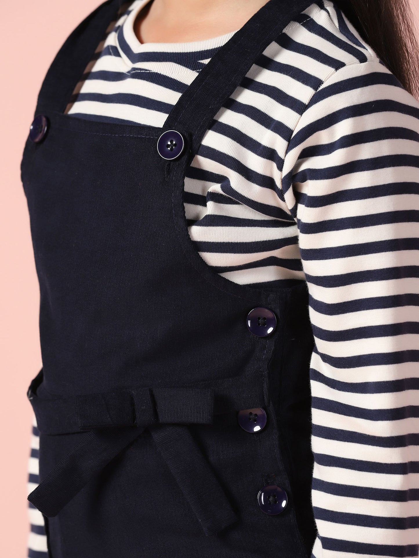 Navy Blue Corduroy Dungaree with Stripe T-Shirt