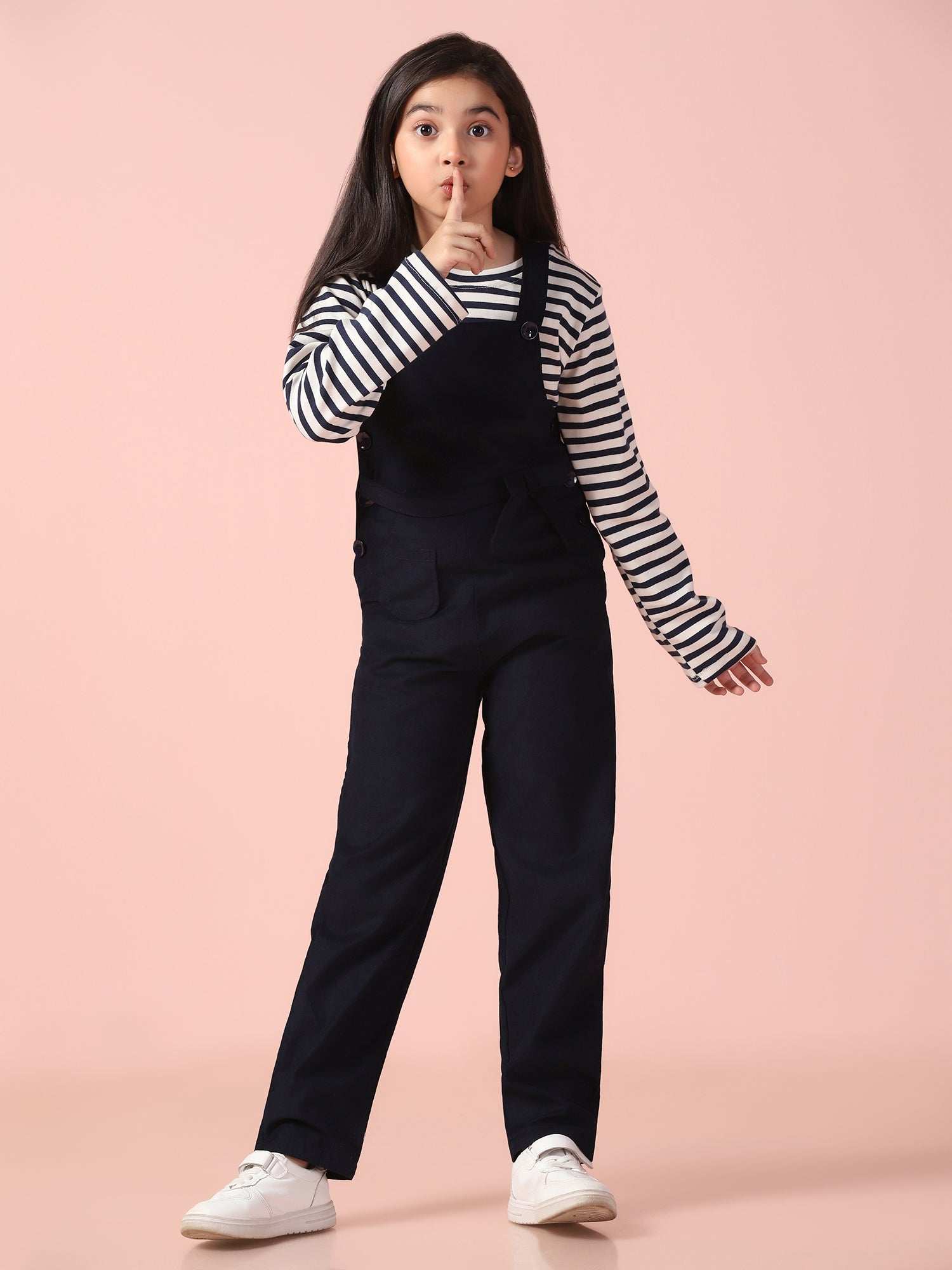 Navy Blue Corduroy Dungaree with Stripe T-Shirt