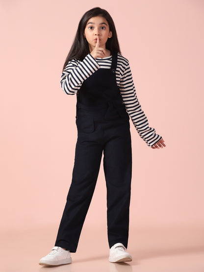 Navy Blue Corduroy Dungaree with Stripe T-Shirt