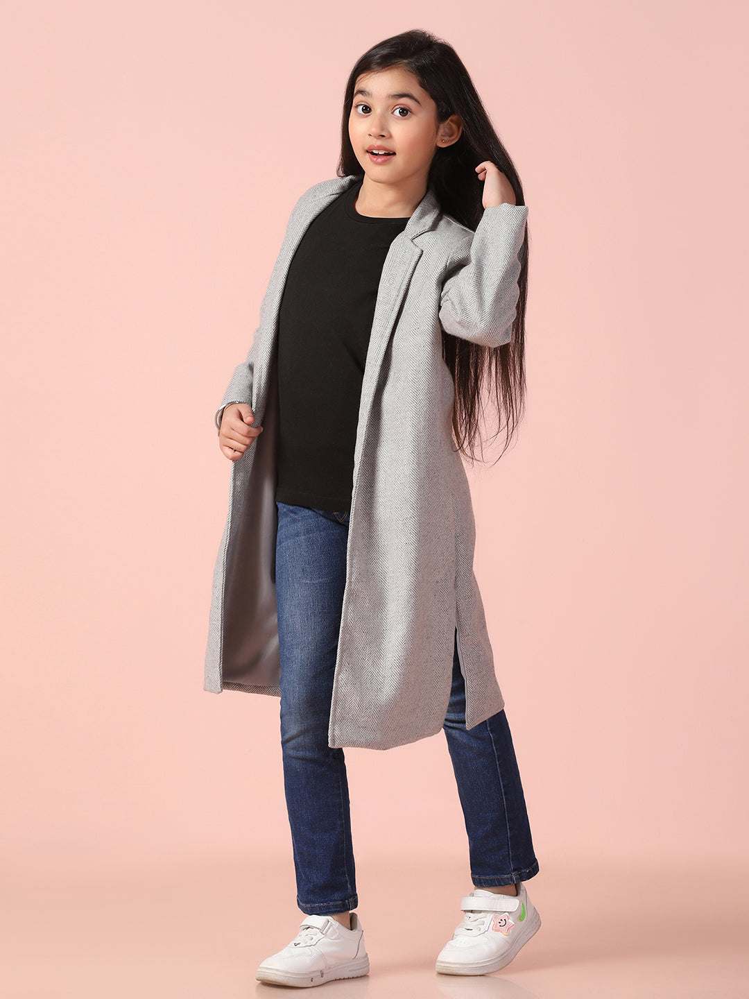 Grey Tweed Long Front Open Coat