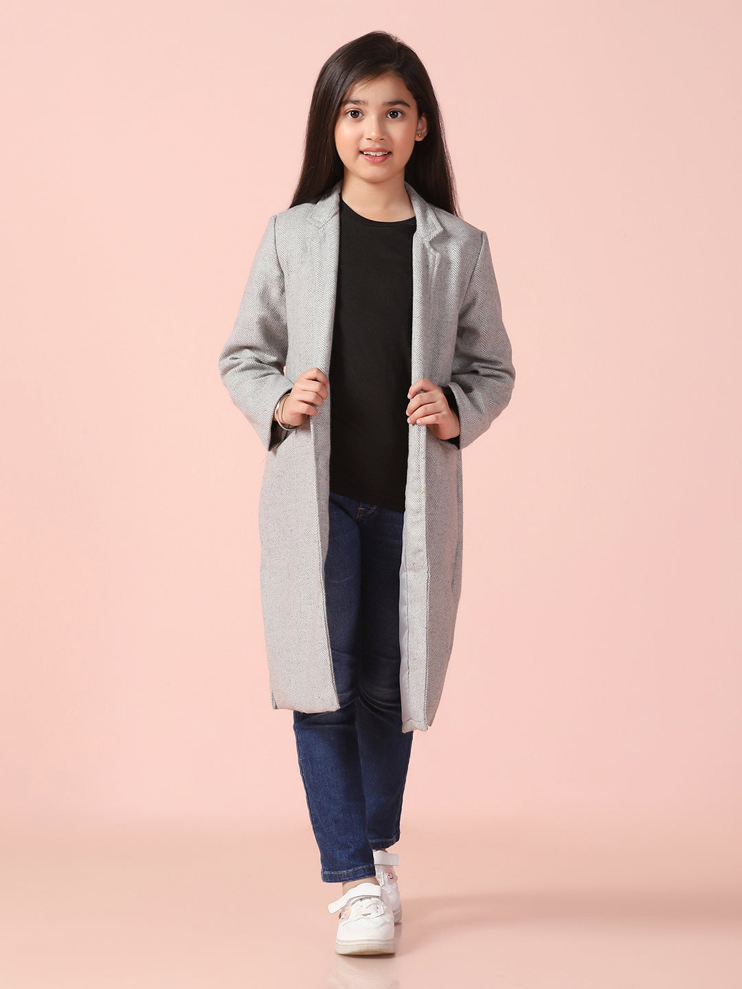 Grey Tweed Long Front Open Coat