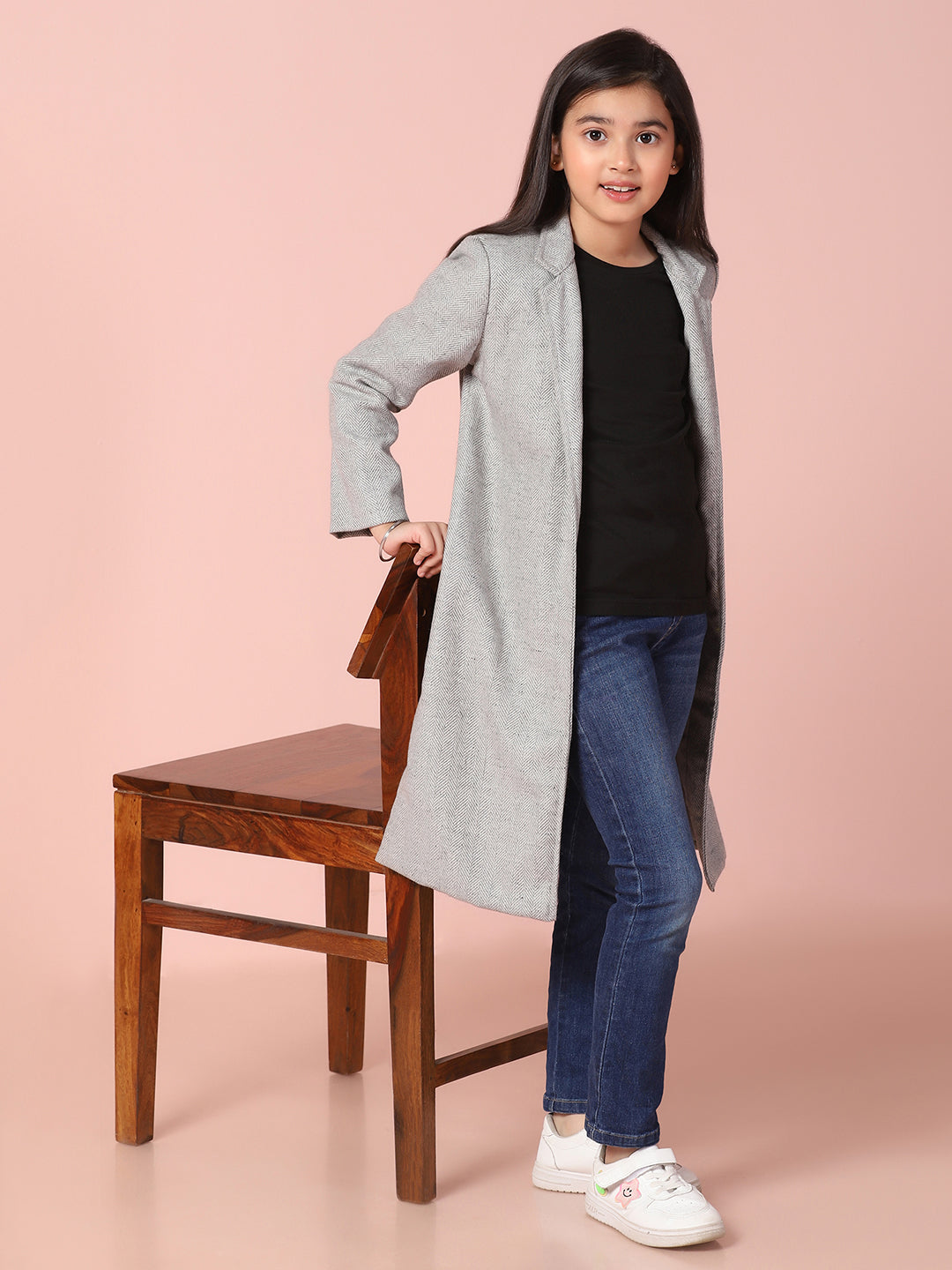 Grey Tweed Long Front Open Coat