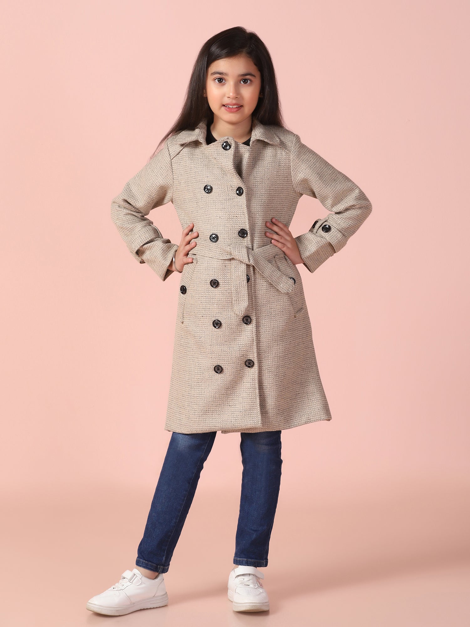 Beige Tweed Long Over Coat with Belt